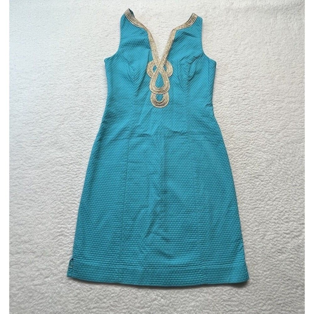 Lilly Pulizter Dress Womens 2 Shorely Blue Janice Gold Embroidered Preppy Beach